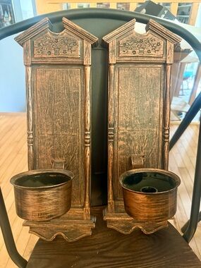 Vintage Pair Coppercraft Guild Syroco Colonial Candle Sconces - Faux Copper MCM